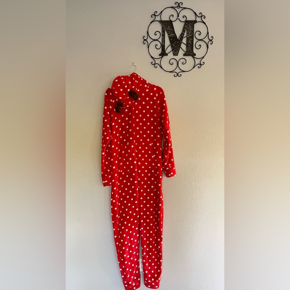 Jenni Adult Hooded Fleece Jumpsuit Pock A Dots Red Pajamas Christmas XXL